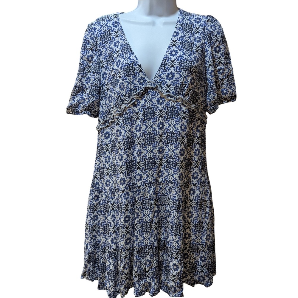 Blue Rain Maevyn Mini Dress Blue White V-Neck‎ Ruffle Tiered Boho Beachy Large